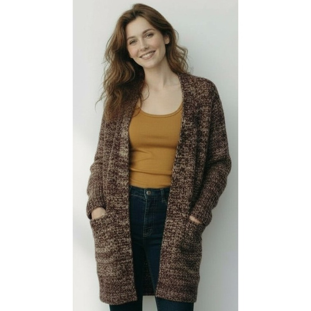 Cozy Boho Cardigan Burgundy Gold Pockets‎ Open Front Cabin Core Medium Sweater